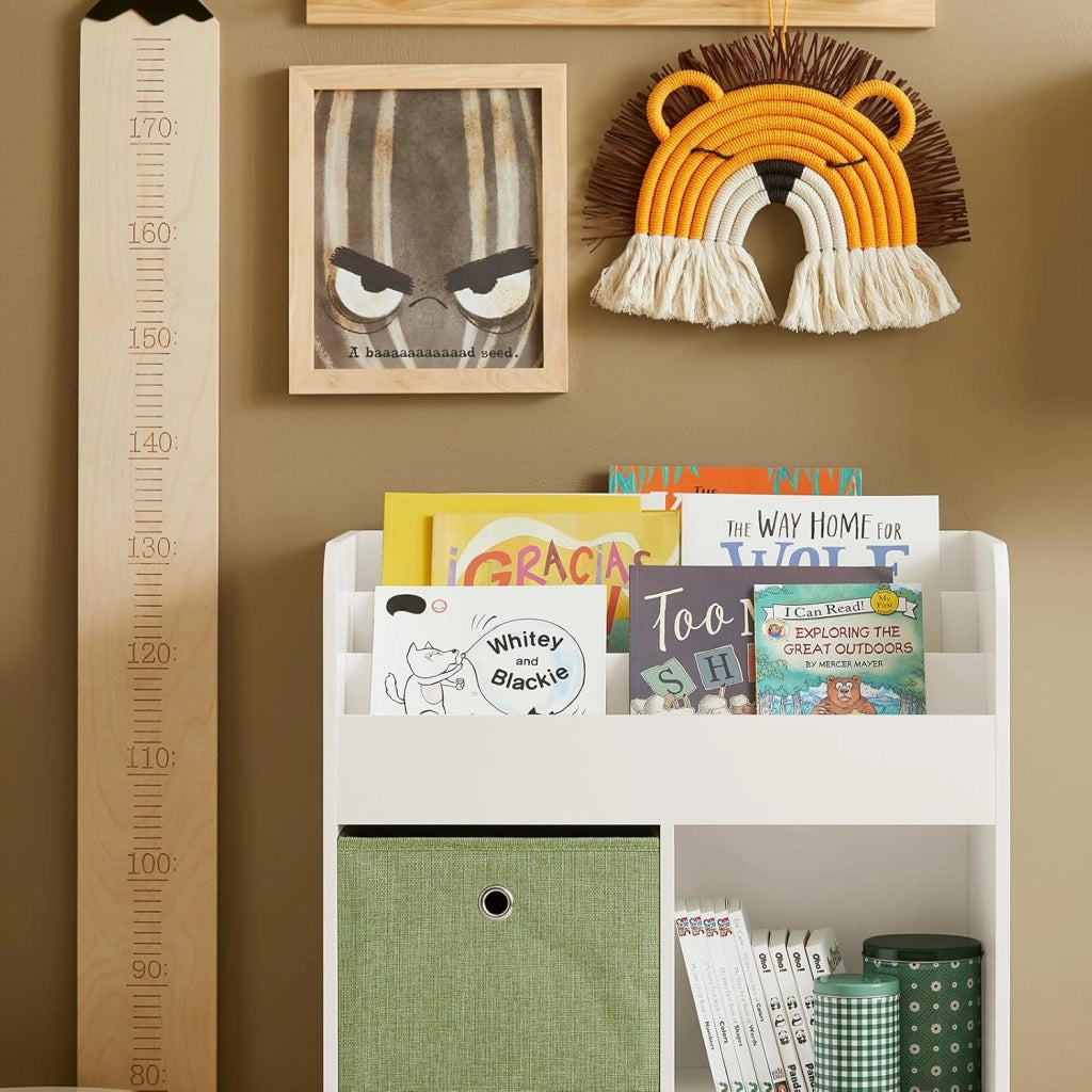 Libreria per Bambini Scaffale con 2 Scatole in Tessuto Organizzatore di Giocattoli Bianco 60x34x80cm KMB79-W