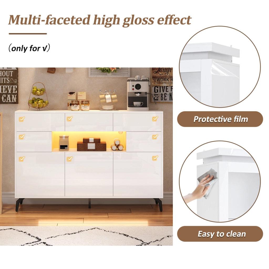 Credenza e madia con LED e 3 cassetti, 5 vani e vano aperto, per soggiorno, bianco, 140 × 30 × 82 cm