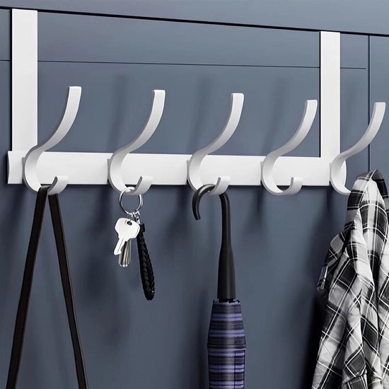 Hanger per porta spaziale con 5 ganci per giacca, asciugamano e borsa, bianco