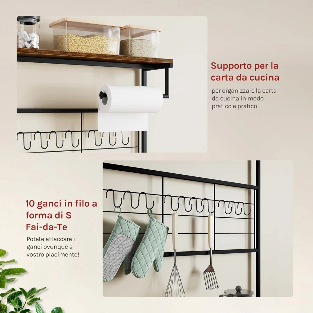 Scaffale da Cucina a 4 Livelli, Scaffale per Microonde con 10 Ganci, Cestino Estraibile, Supporto per Rotolo da Cucina, Struttura in Metallo, 80x40x168cm, Marrone Rustico+Nero