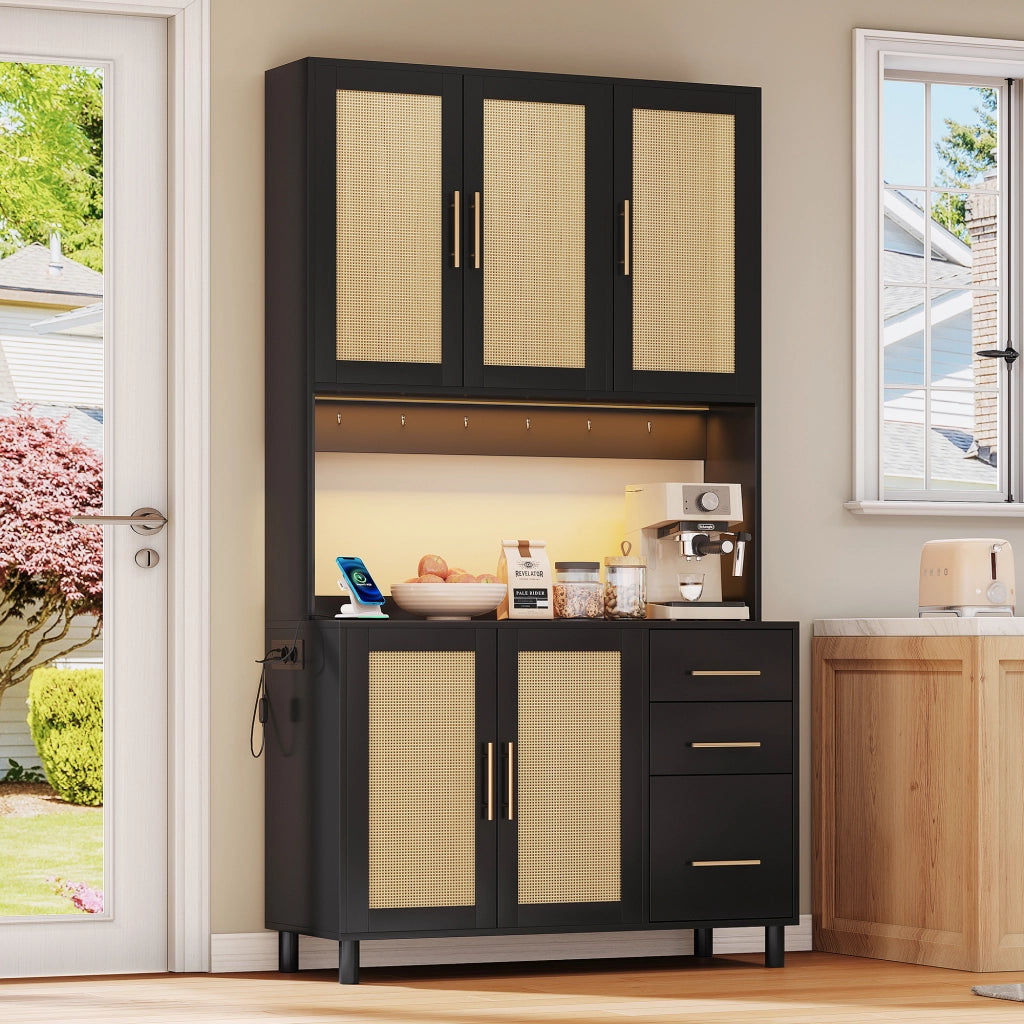 Credenza da cucina in MDF con illuminazione LED, 3 cassetti, prese USB e ripiani regolabili
