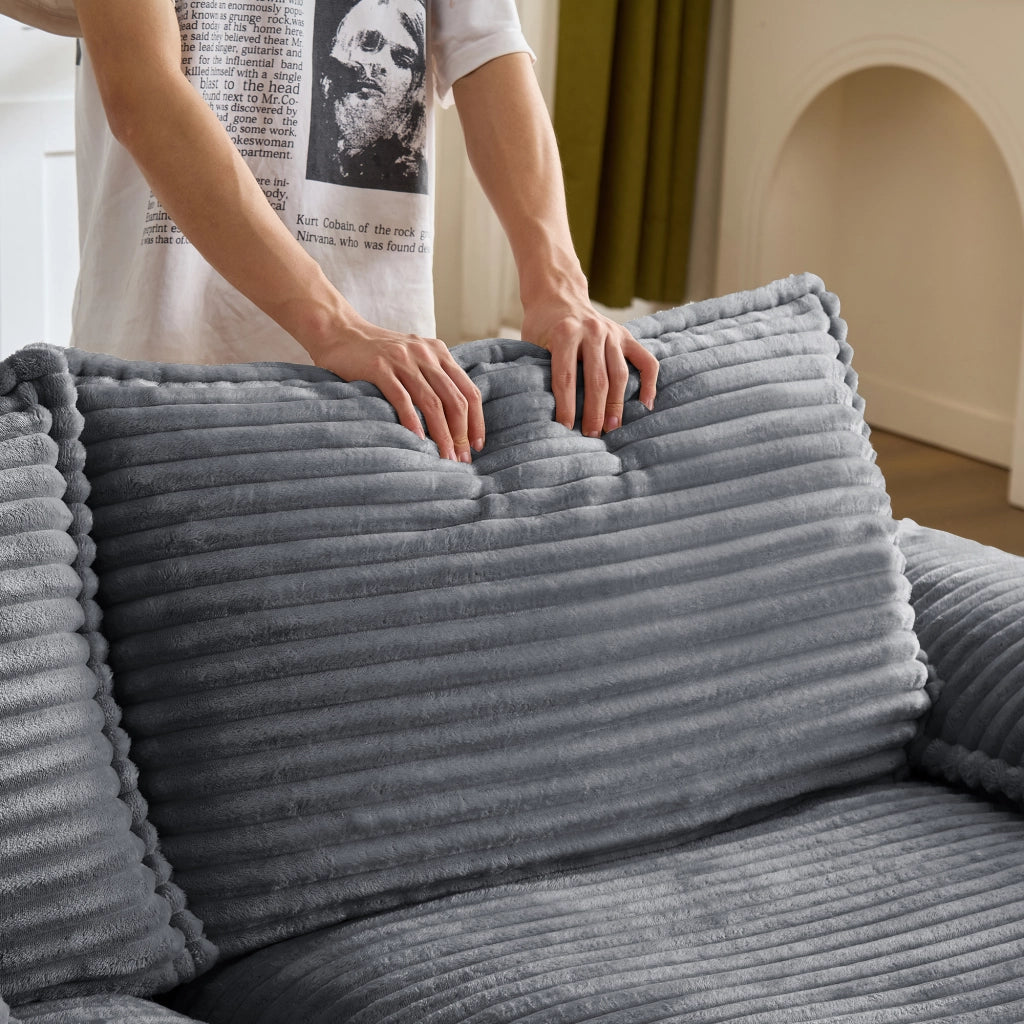 Divano a 2 posti con pouf in velluto a coste, seduta profonda e schiuma ad alta resilienza, salvaspazio grigio