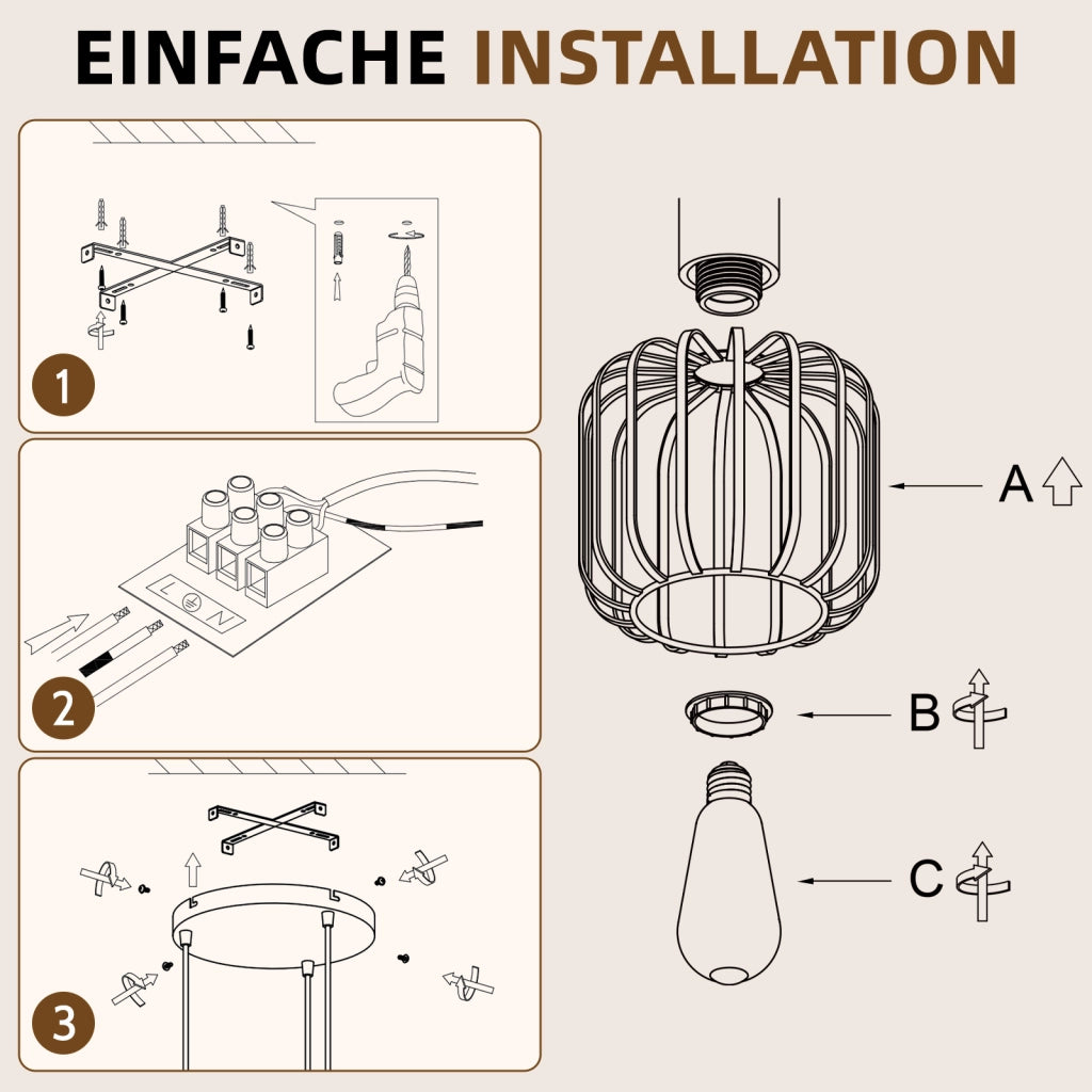 ZMH Lampada a Sospensione 3 Luci Grigio Legno Rotonda E27 Moderna per Soggiorno Cucina Isola Corridoio Senza Lampadina