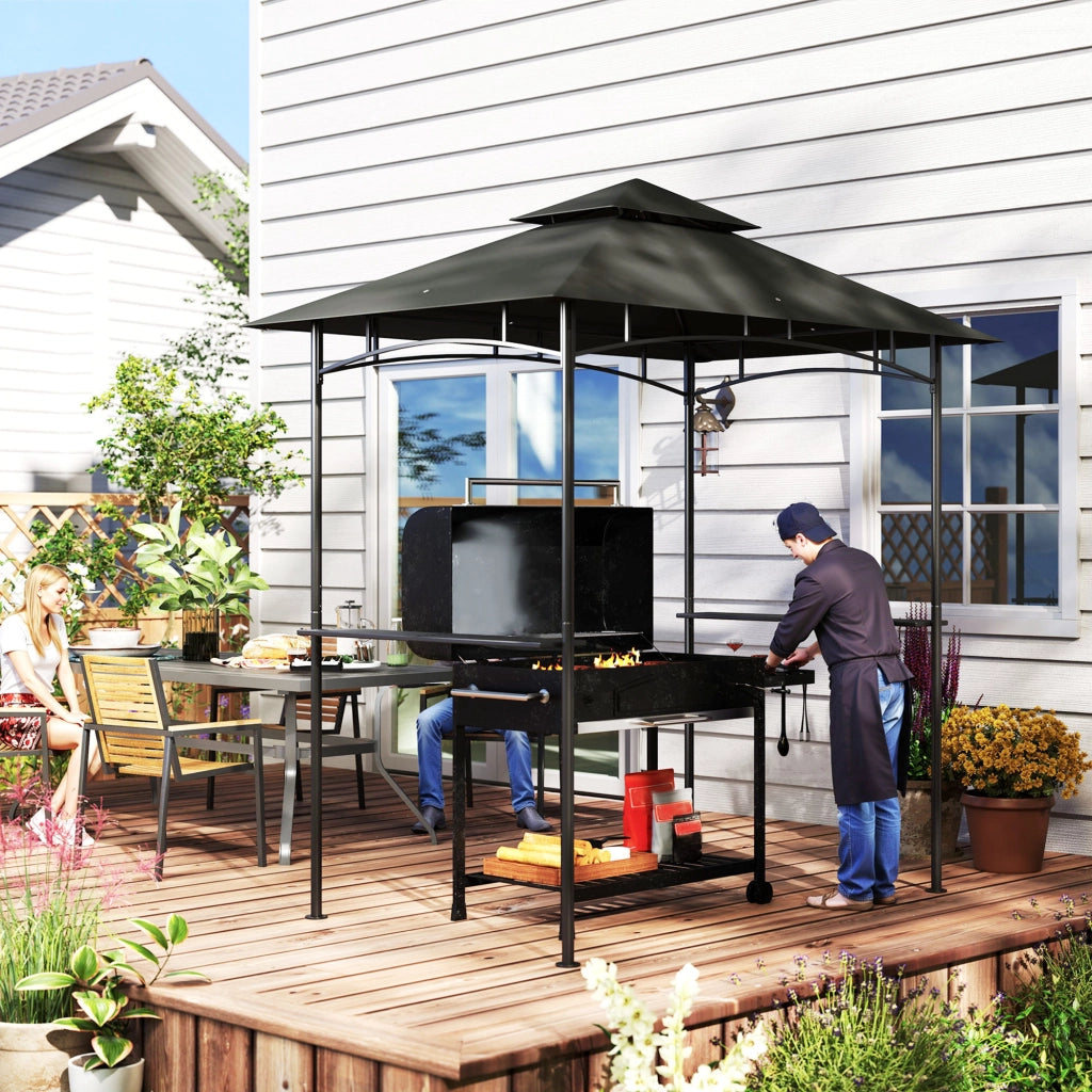 Gazebo barbecue ignifugo con LED 240 x 150 x 258 cm doppio strato di tetto mensole laterali protezione UV colore grigio scuro per giardino e feste