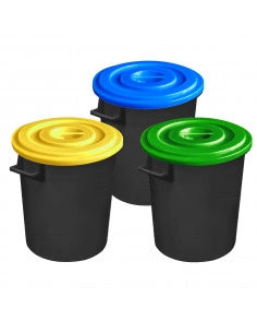 Kit 3 bidoni industriali neri per raccolta differenziata con coperchi colorati