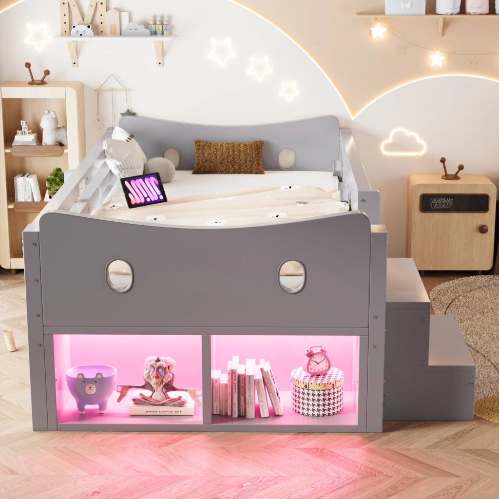 Letto singolo per bambini 90x200 cm con cassetti; testiera portaoggetti; sponda; LED; USB e USB-C; legno grigio