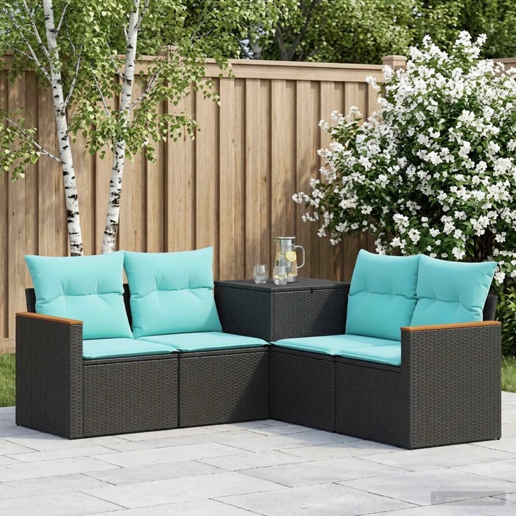 Set di divani 5 pz Nero e Blu Rattan sintetico e Acciaio 3447933