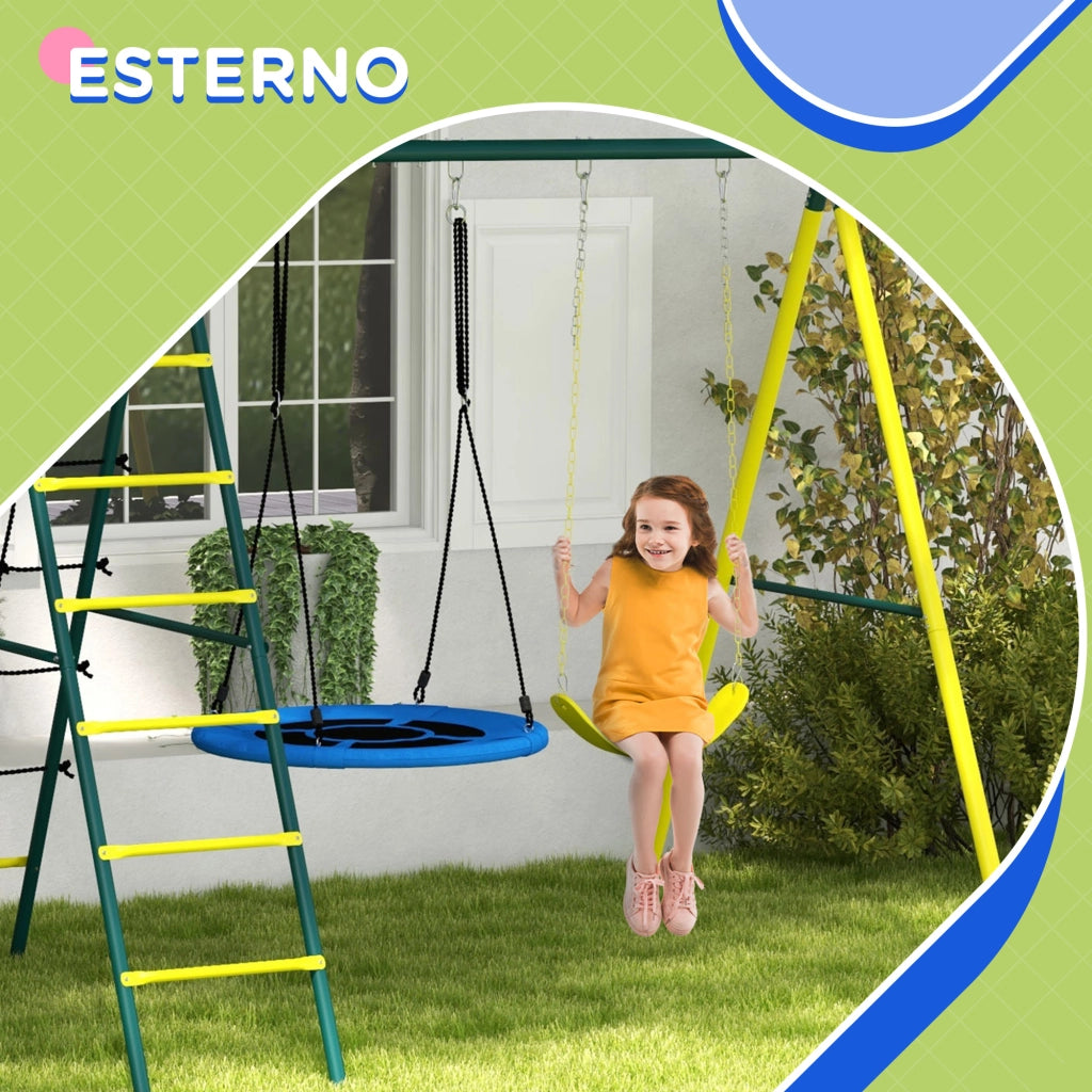 Set Altalene da Giardino Rotonda e Classica, Scalette in Acciaio e Corda e Canestro per Bambini 3-8 Anni