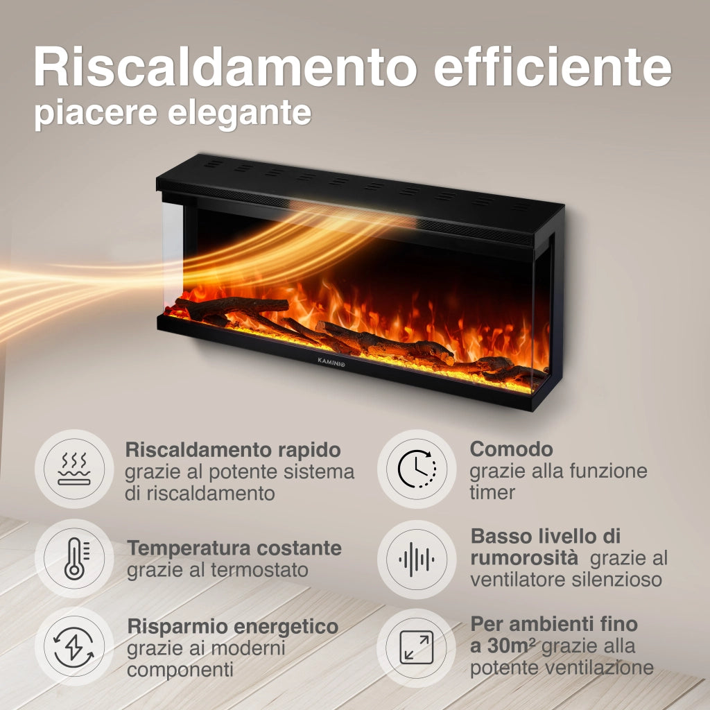 KAMINIO Camino elettrico LEA - Camino 3 in 1 con vista panoramica, riscaldamento, effetto fiamma, 12 colori delle fiamme, telecomando - 36 pollici