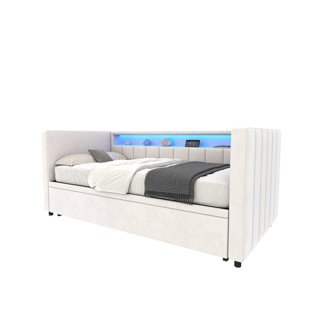 Letto estraibile 90 × 190 cm con LED, USB Type-C, contenitore, senza materasso, in velluto beige