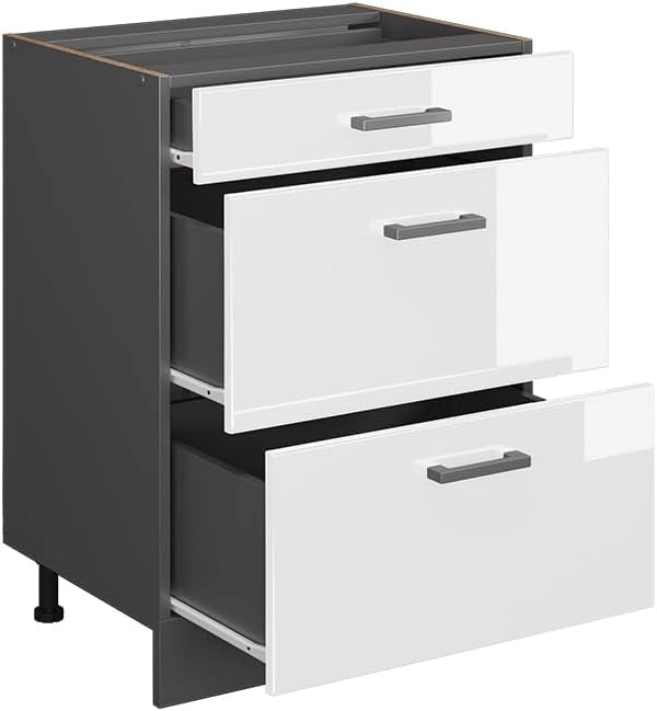 Mobiletto base per cucina R-Line, Bianco lucido, 60 cm con cassetti, senza piano di lavoro, per la libera combinazione all'interno di sistemi cucina modulari