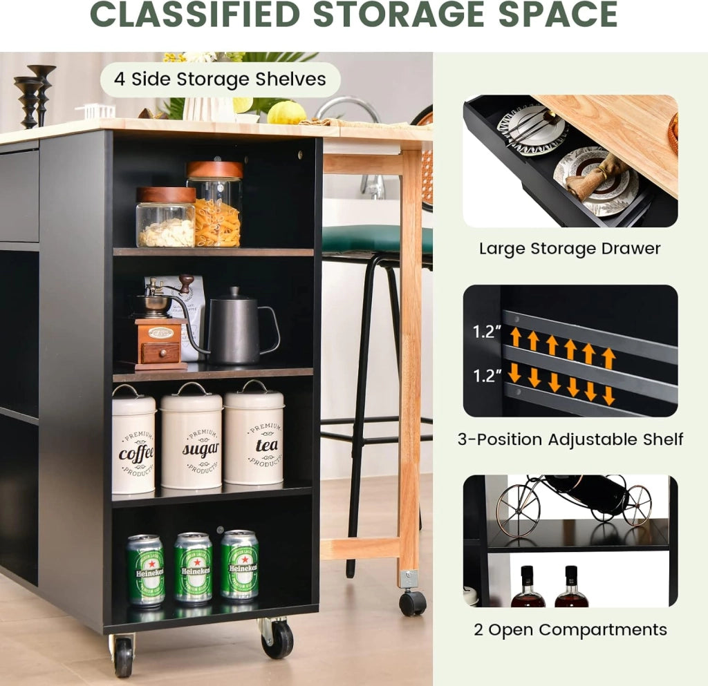 Carrello da cucina con isola, carrelli di servizio rotabili in legno con lama, cassetto, portasciugamani e porta spezie, multiuso con ruote, per cucina e sala da pranzo