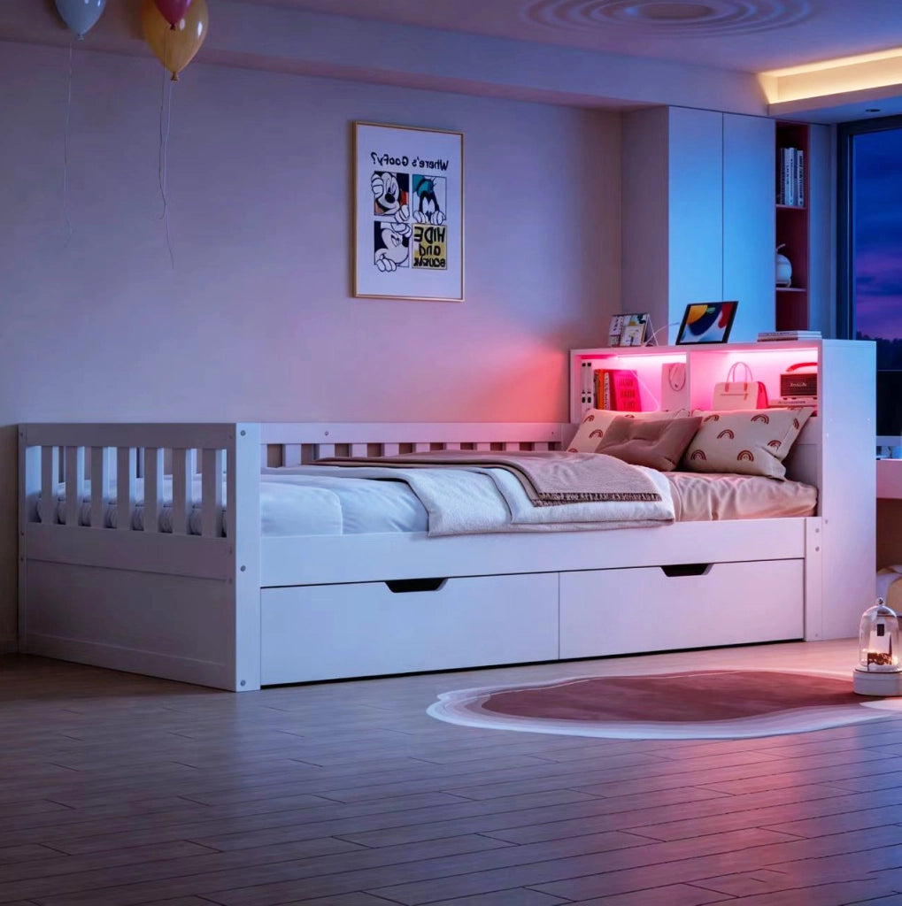 Letto multifunzione 90x200 cm con divano a L; cassetti; LED e prese