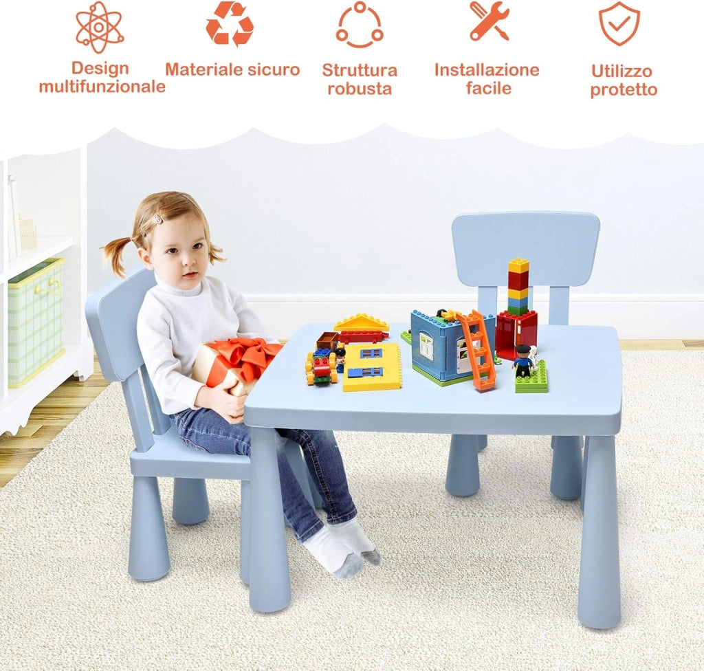 Set Tavolo e Sedie per Bambini 1-7 Anni, 2 Sedie Ergonomiche con Schienale, Materiale PP Atossico e Inodore, Angoli Arrotondati, Adatto per Giocare, Disegnare e Leggere, Portata 50kg (Blu)