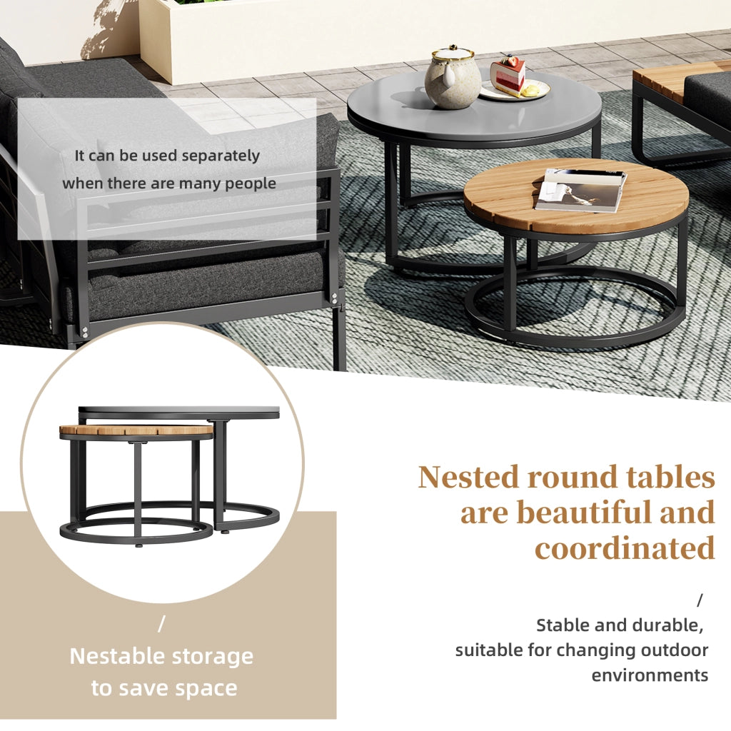 Set lounge da giardino 5 posti con 2 tavolini impilabili in ferro grigio con cuscini inclusi