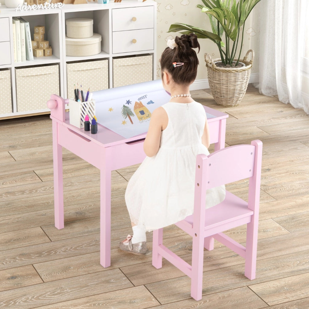 Tavolo per bambini con sedia vano portaoggetti e portarotolo per disegnare giocare, Set di tavolino con sedia Rosa-Tavoli e sedie