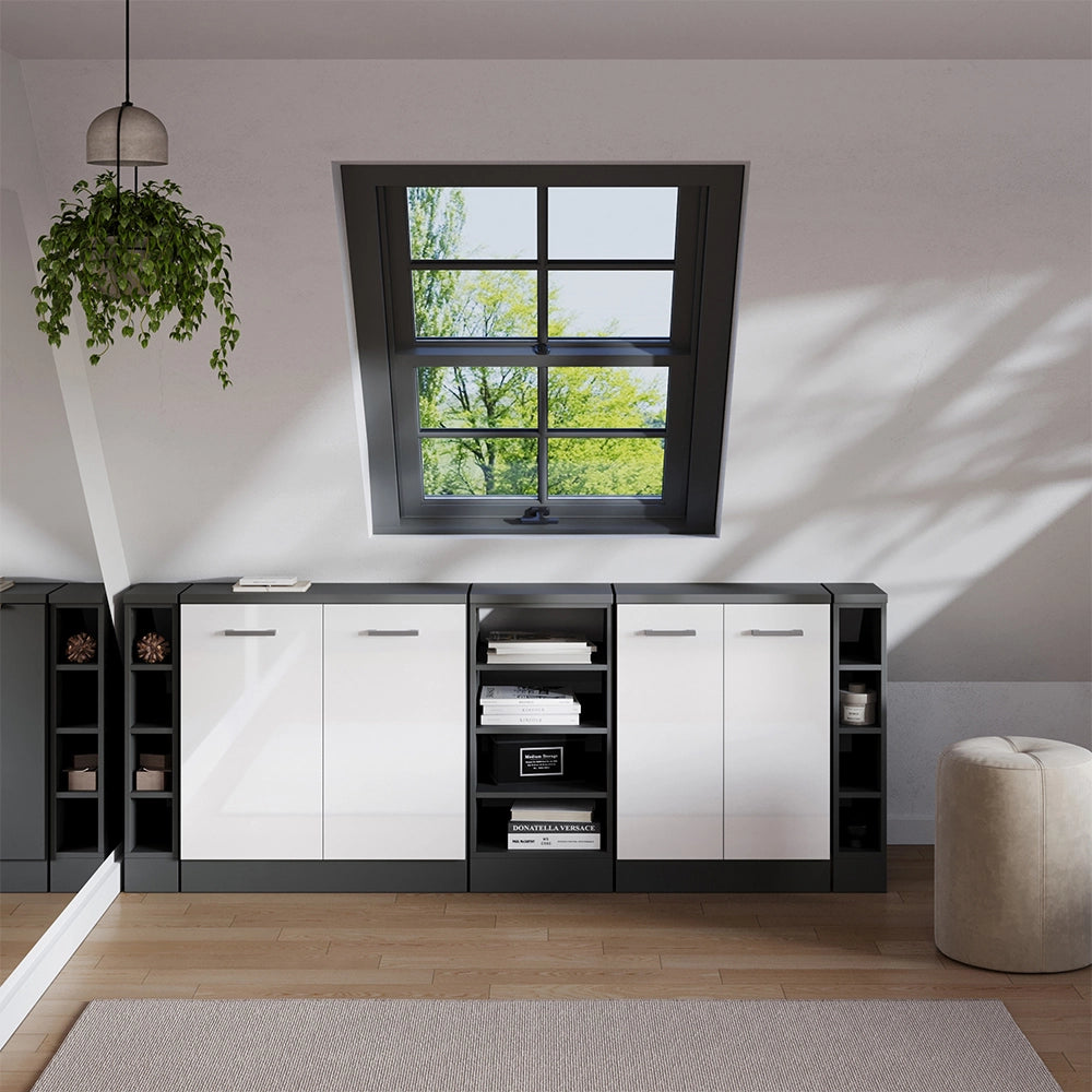 Set di mobili sottotetto Rion Bianco lucido/Antracite 210 cm Set di 5 carcasse armadio profondità 60 cm Vicco
