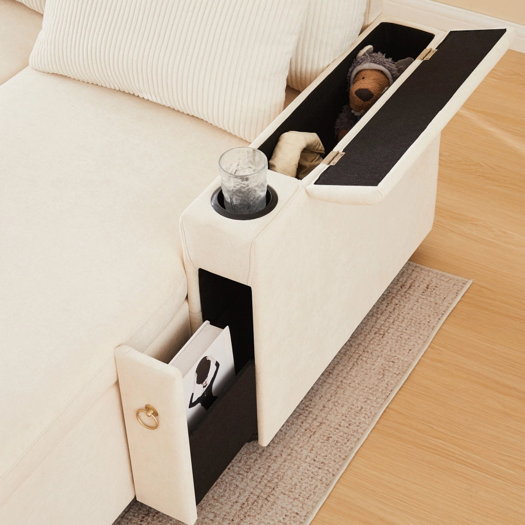 Divano letto modulare a U con contenitore e portabicchieri; 272 cm; beige