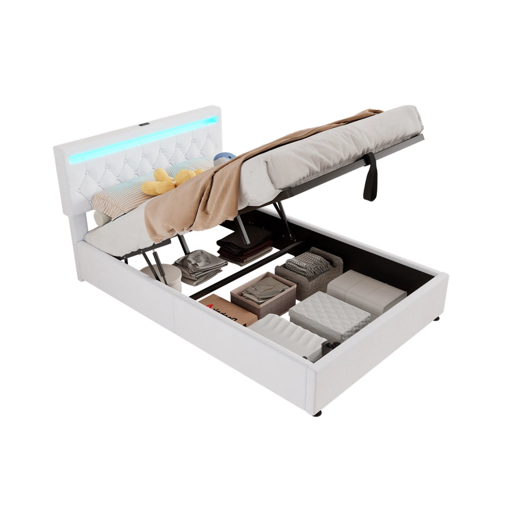 Letti contenitori 140x200 cm; sollevabile con LED e porte USB; in lino e MDF; bianco