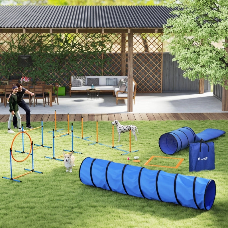 Set di agility per cani, 11 pezzi con 2 tunnel, anello per saltare e ostacoli regolabili in altezza, palo per slalom.