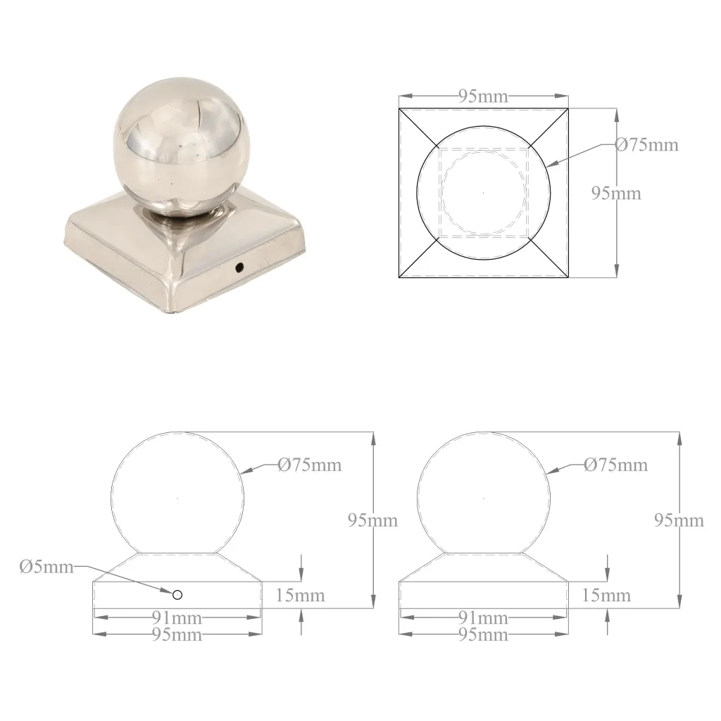 Tappi per Pali 6 pz EstremitÃ  a Globo in Acciaio Inox 91x91 mm