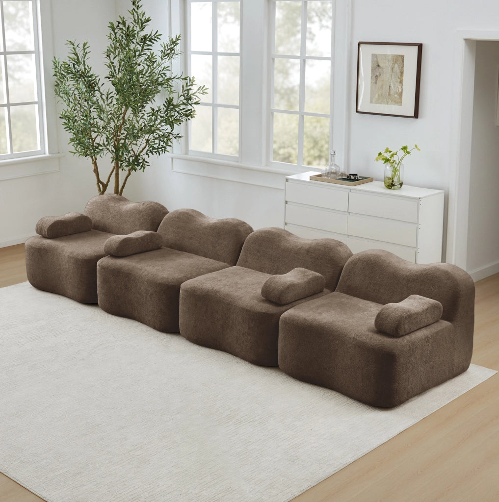 Divano modulare da soggiorno in velluto marrone 384x98x70 cm con seduta profonda