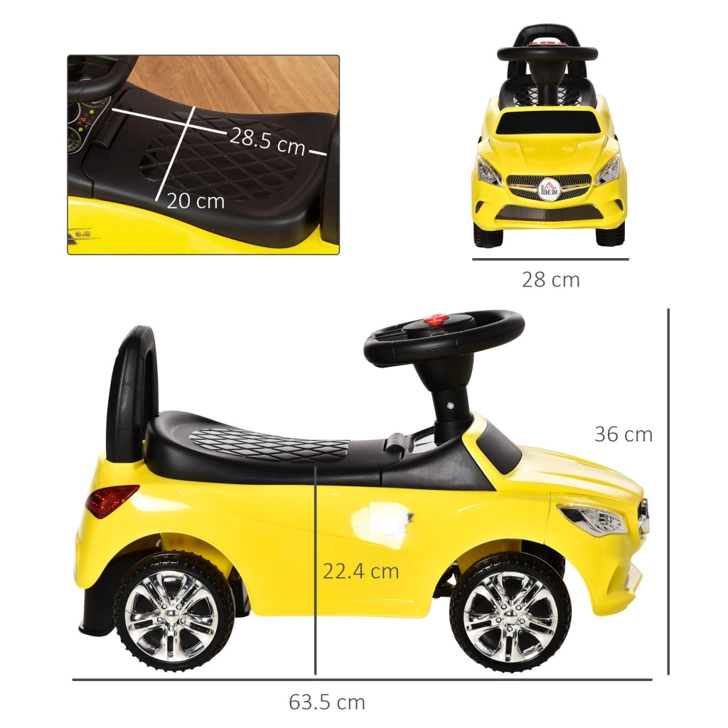 EasyComfort Macchinina per Bambini Cavalcabile con Volante, Fari e Musiche Integrate, Macchina per Bambini in PP e Metallo, 63.5x28x36 cm, Giallo