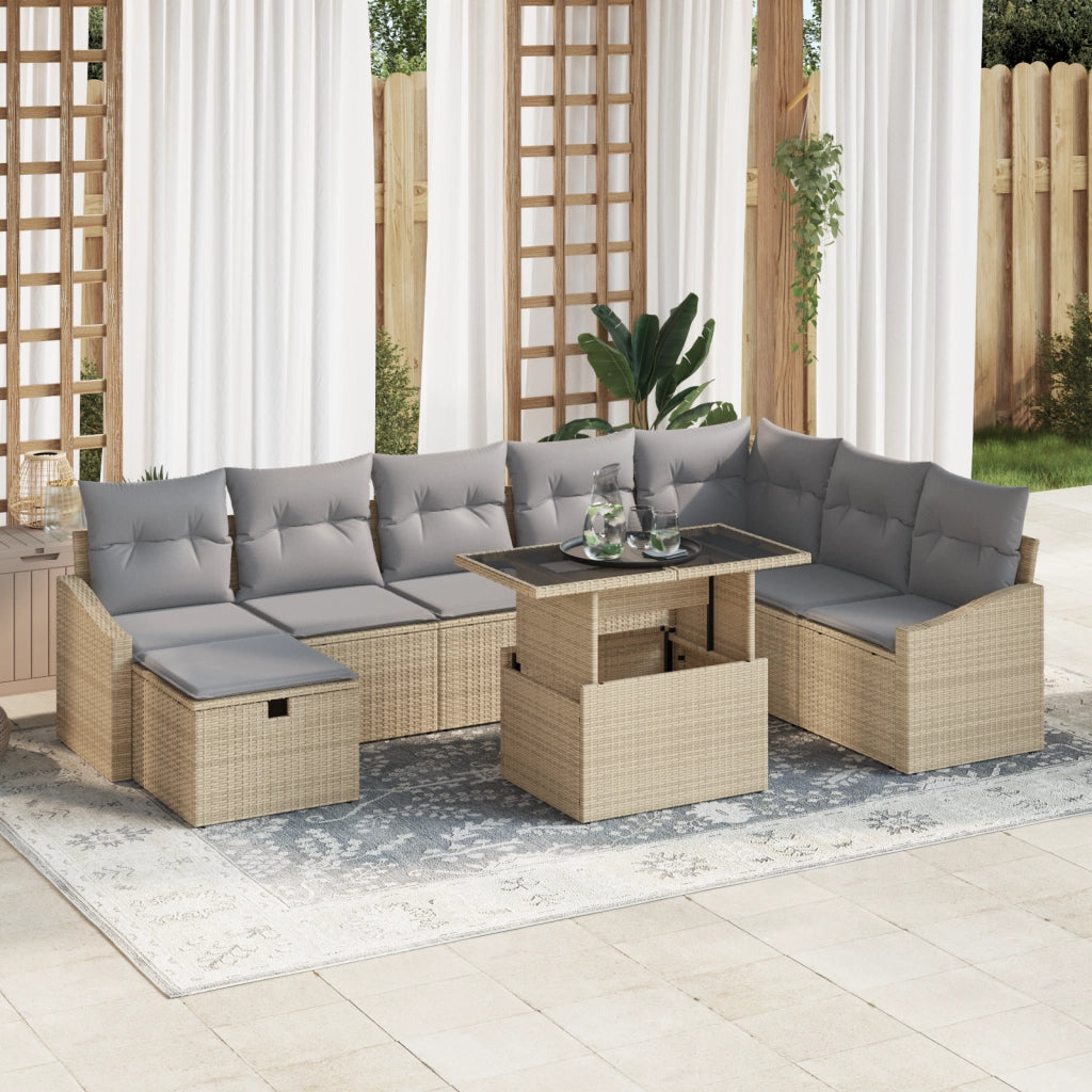Set di Divani da Giardino da 9 Pezzi con Cuscini Beige in Polyrattan