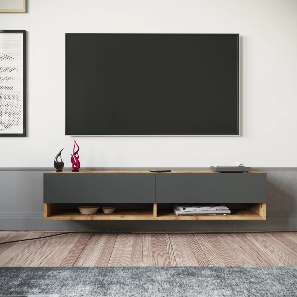 Consolle da Parete 'Laitila' con 2 Ante e Scomparti Mobile Pensile Porta TV 140 cm - Rovere Rustico/Antracite [en.casa]