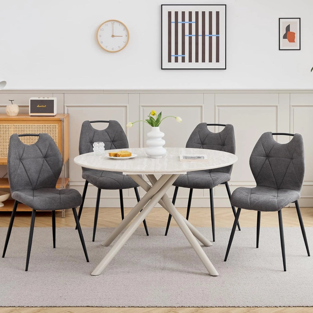 GrandCA HOME Set Tavolo da Pranzo e Sedie Tavolo da Pranzo Rotondo da 115 cm e 4 Sedie Moderne in Lino Per Sala da Pranzo, Cucina, Soggiorno（Grigio Chiaro + Cenere）