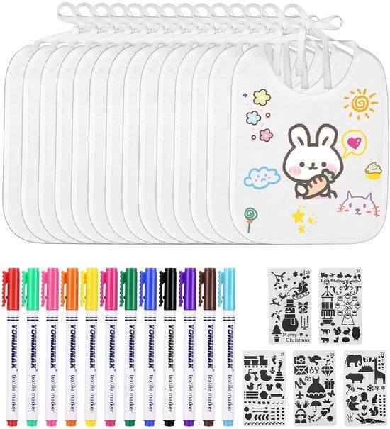 14 pezzi di tessuto bianco per dipingere con 12 pennarelli per tessuto colorati e 5 stencil per dipingere Set di giochi per baby shower per feste di benvenuto per bambini maschi e femmine