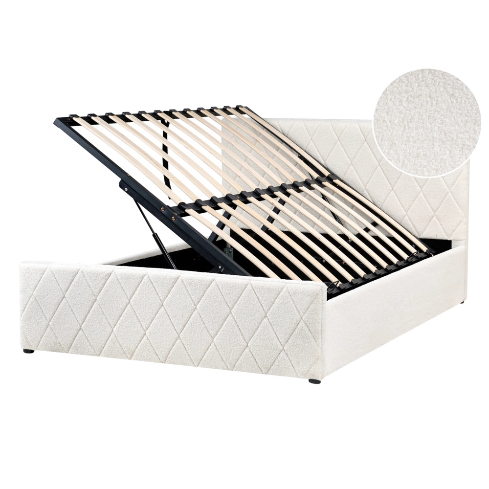 Letto matrimoniale Trapuntato Velluto Beige Rete a Doghe 140 x 200 cm con contenitore con base a doghe