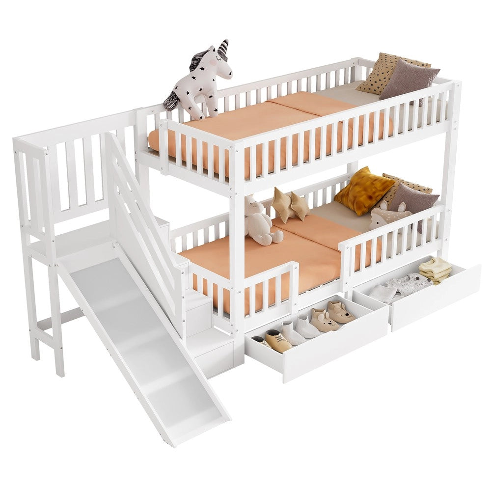 Letto a Castello per Bambini con Scivolo, Cassetti e Porta Magnetica ¨C MINIMAL ¨C Massello Bianco 90x200