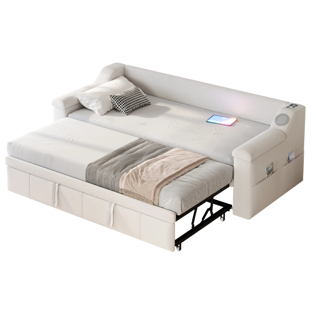 Divano letto 90x190 cm convertibile con Bluetooth; USB e vani in velluto beige