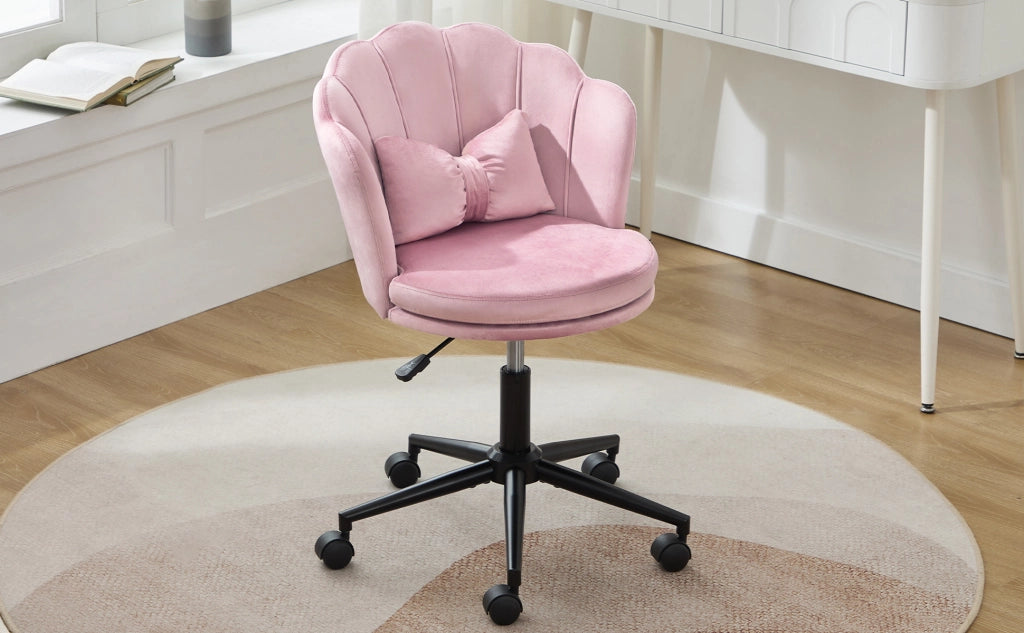 Sedia da ufficio girevole regolabile in altezza con cuscino lombare e seduta imbottita in velluto rosa