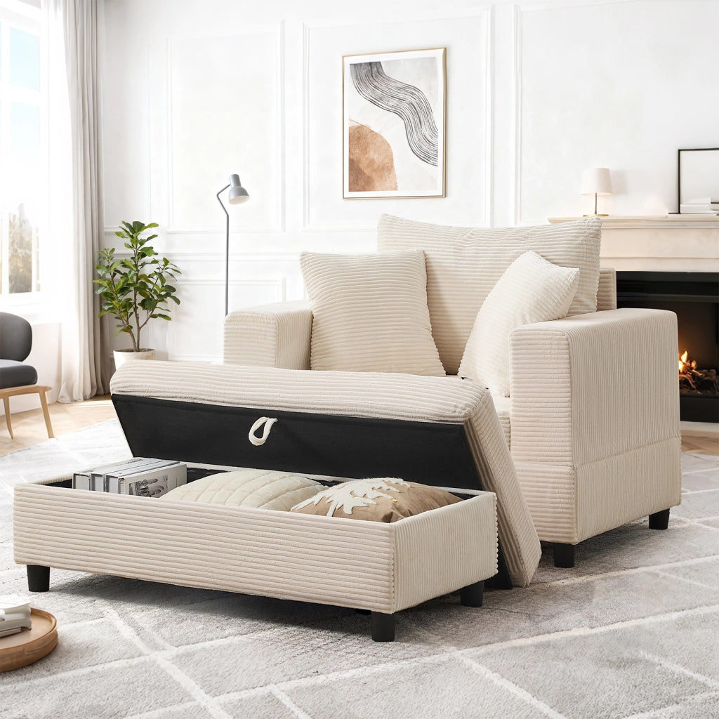 Chaise longue con contenitore e cuscini in tessuto a coste beige in metallo e legno 107 × 74 × 57 cm