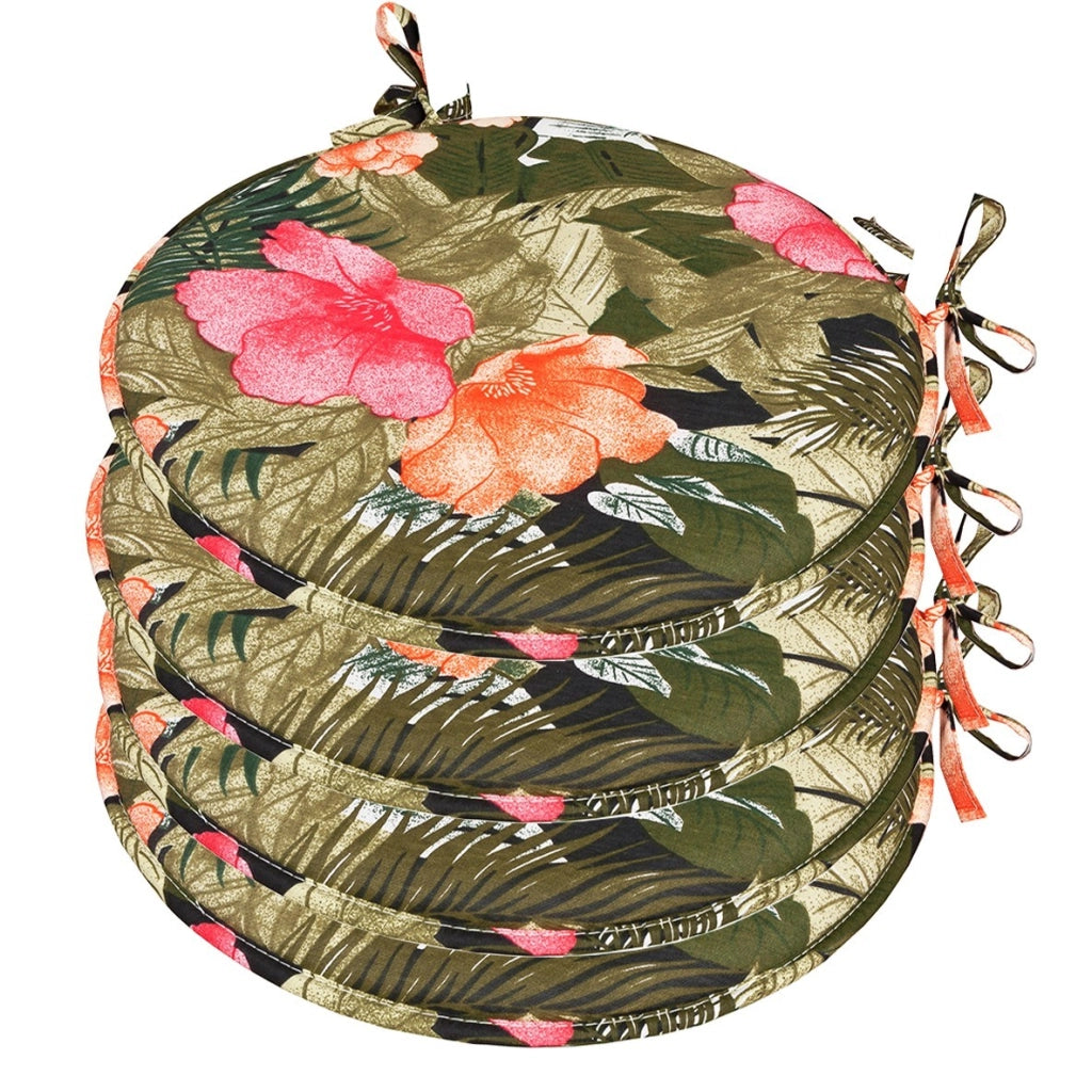 Set 4 Cuscini Sedia Rotondi Cotone Lavabili Morbidi Coprisedia Tondi Fiori Palme Tropicali