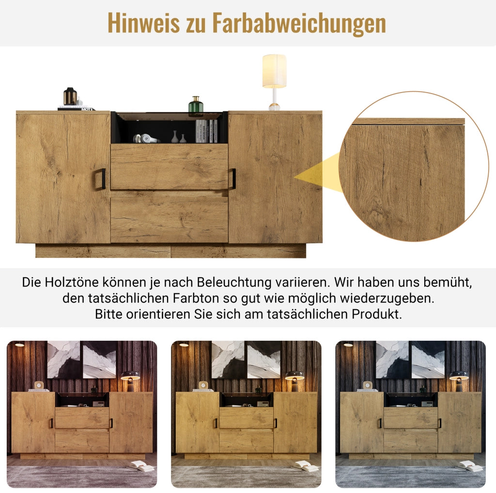 Credenza in rovere chiaro 140 cm con vetro ESG e 2 cassetti