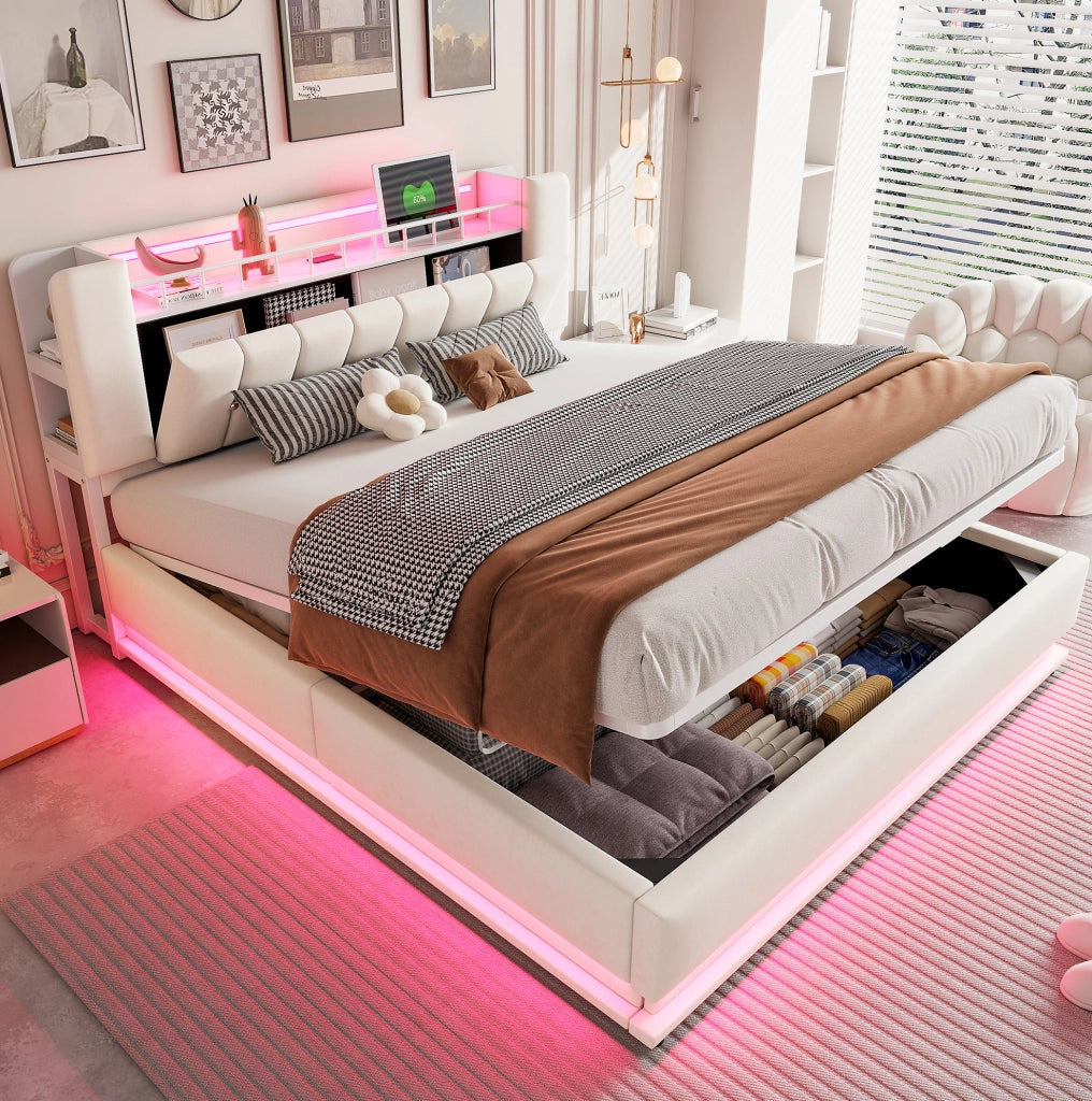 Letto imbottito 180 x 200 cm beige con LED, USB e vano contenitore idraulico