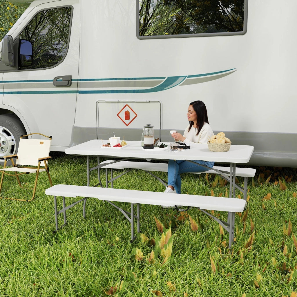 Set da Pic Nic Pieghevole a 3 Pezzi con Tavolo e 2 Panche in HDPE e Metallo Bianco e Grigio Chiaro