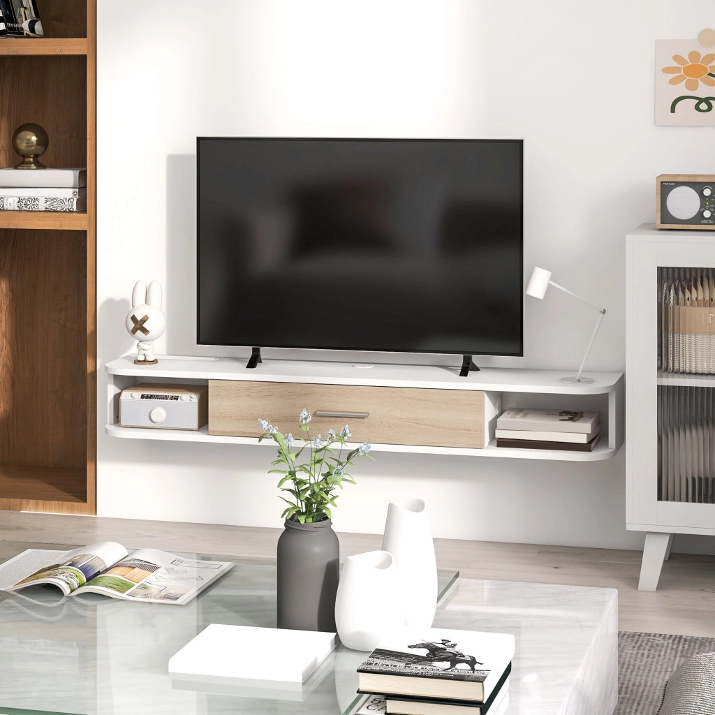 Mobile TV Sospeso 120x26x16 cm per TV fino a 50 Pollici con Vani Aperti e Armadietto in Melamina Bianco e Rovere