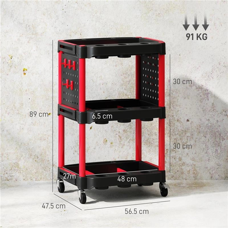 CARRELLO PORTA ATTREZZI A 3 LIVELLI IN PLASTICA CON PANNELLO FORATO LATERALE, NERO E ROSSO