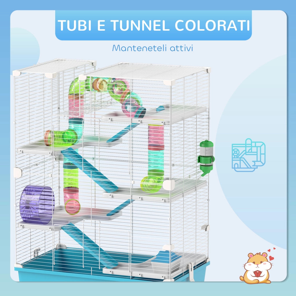 Gabbia per criceti a 6 livelli con tunnel ruota casetta e accessori, azzurro, spaziosa e robusta per casa