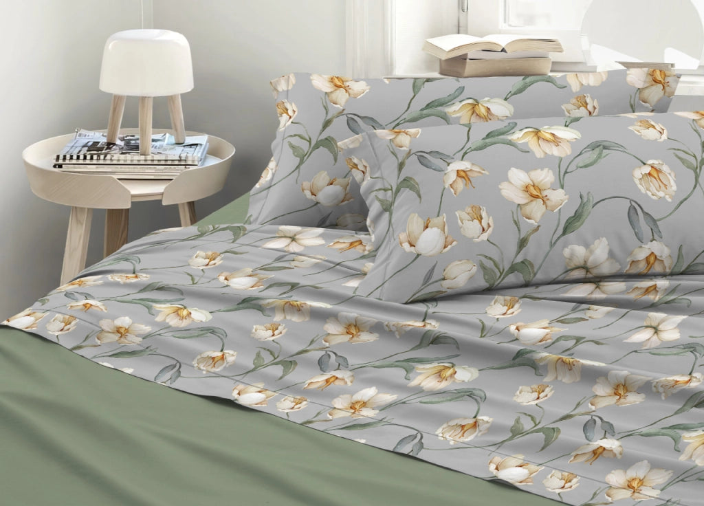 Completo Lenzuola Matrimoniale 100% Raso Cotone Floreale Dis. Lavinia