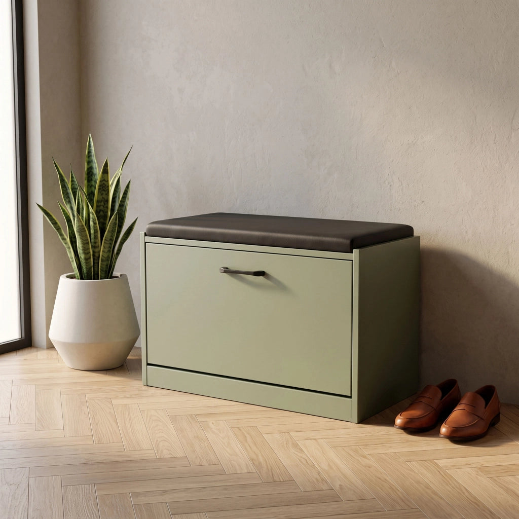 Kaizen - Panca da Ingresso con Scarpiera 63x47x30 cm 9 paia Portascarpe con Cuscino in Legno Salvia