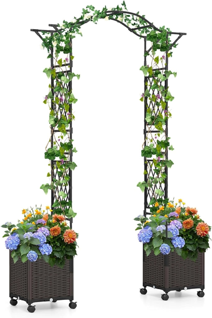 Arco da Giardino con 2 Fioriere Auto-irriganti e Ruote, Supporto per Piante in Metallo Rivestita PE Antiruggine, Grande Arco per Viti e Rose da Matrimonio all'Aperto (Nero)