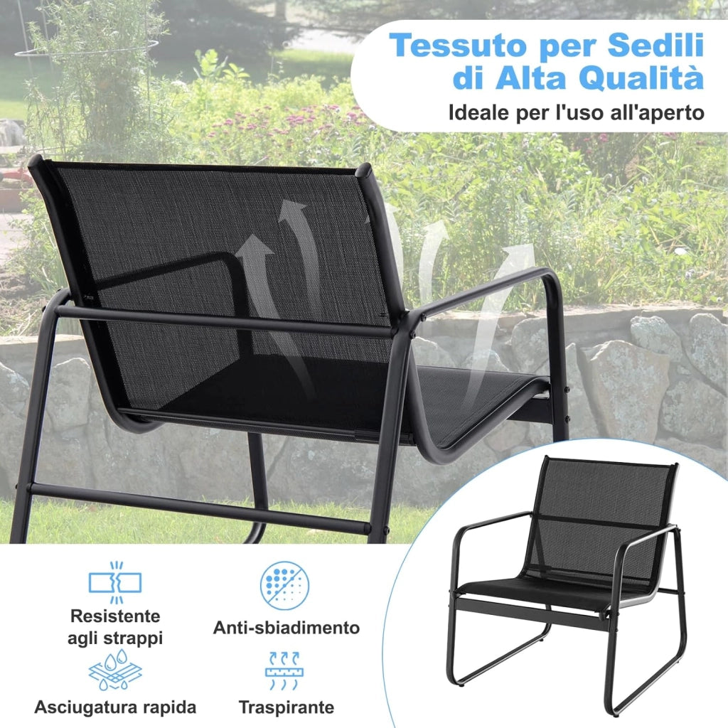 Set Tavolino e Sedie da Giardino, Set Bistrò 3 Pezzi, Set da Giardino in Metallo e Tessuto Textilene, Tavolino in Vetro Temperato, per Giardino, Cortile, Bordo Piscina (Nero)