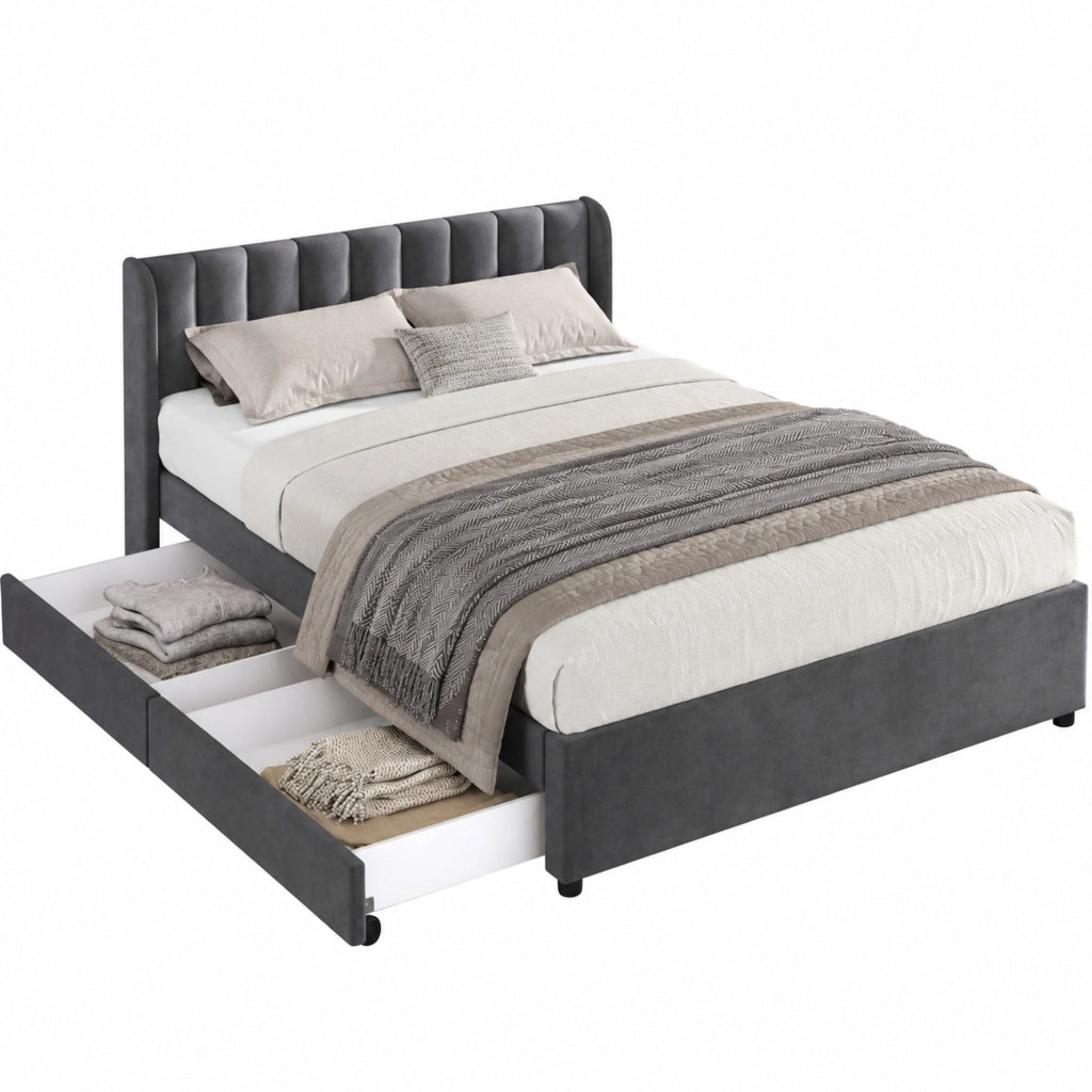 Letto matrimoniale 160x200 cm in velluto grigio con rete a doghe, 2 cassetti e testiera alta