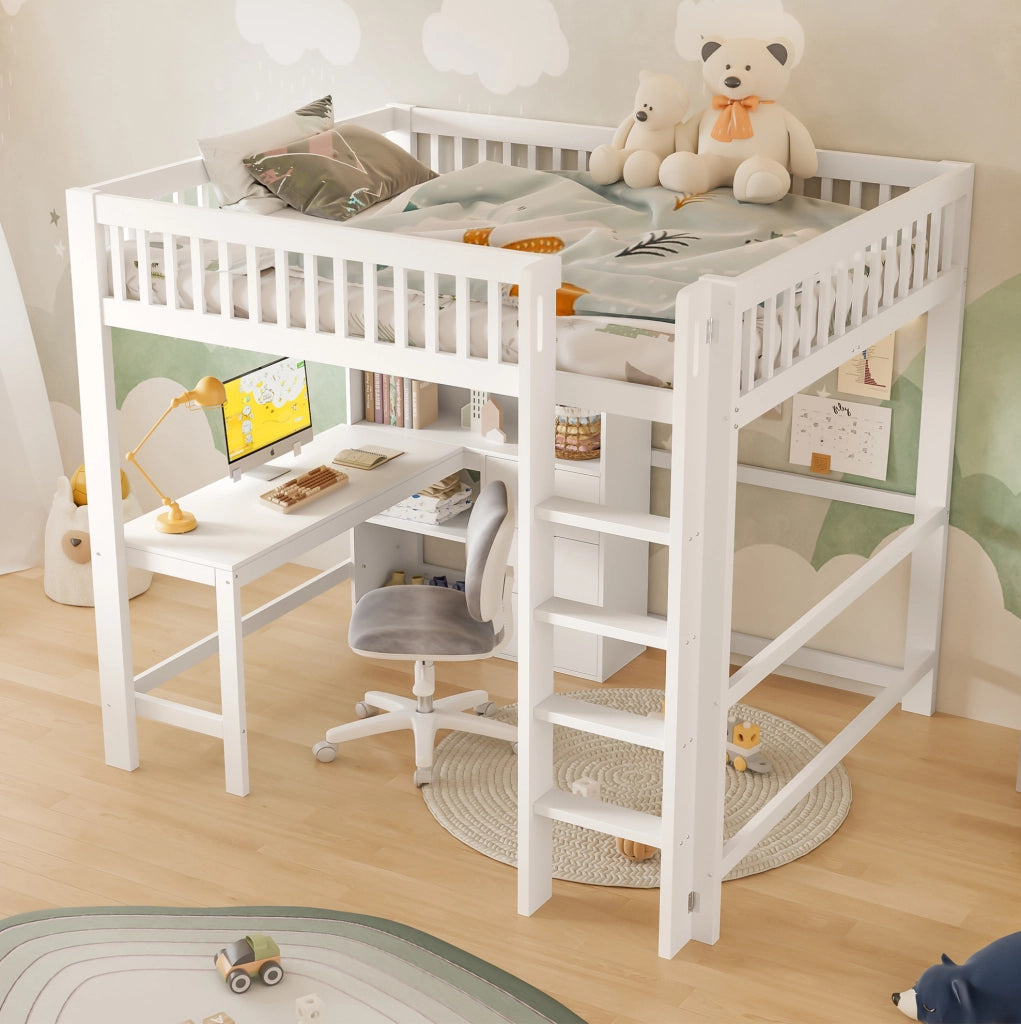 Letto a soppalco bianco 140x200 cm con scrivania e 3 cassetti
