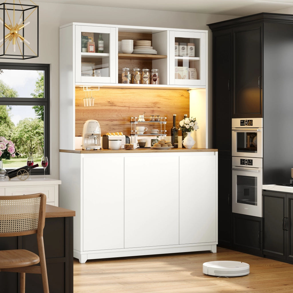 Credenza e madia con ante in acrilico, LED e vani aperti, per cucina e soggiorno, bianco, 120 × 40 × 180 cm